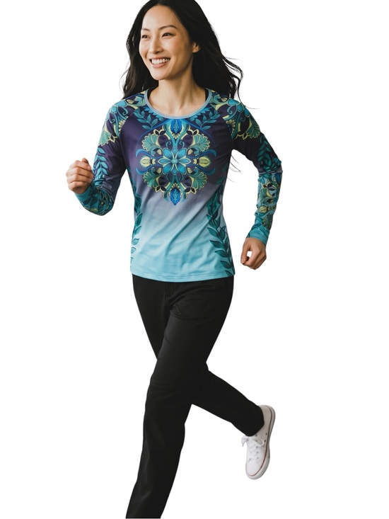 Athleta Tops - Athleta Runaway Paisley Activewear Teal Blue & Green LS Top Sz M